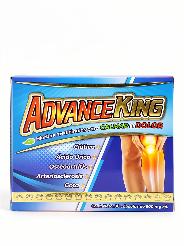 Advance King 30Caps.  Ajo rey, Cúrcuma Jengibre, Ortiga, Magnesio, Colageno, Cancerina, Moringa, Cartílago de Tiburón, Calcio de Coral, Omega 3, Neem, Glucosamina,