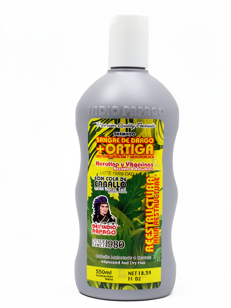 Shampoo Sangre de Drago +Ortiga, Keratina 550ml Indio Papago
