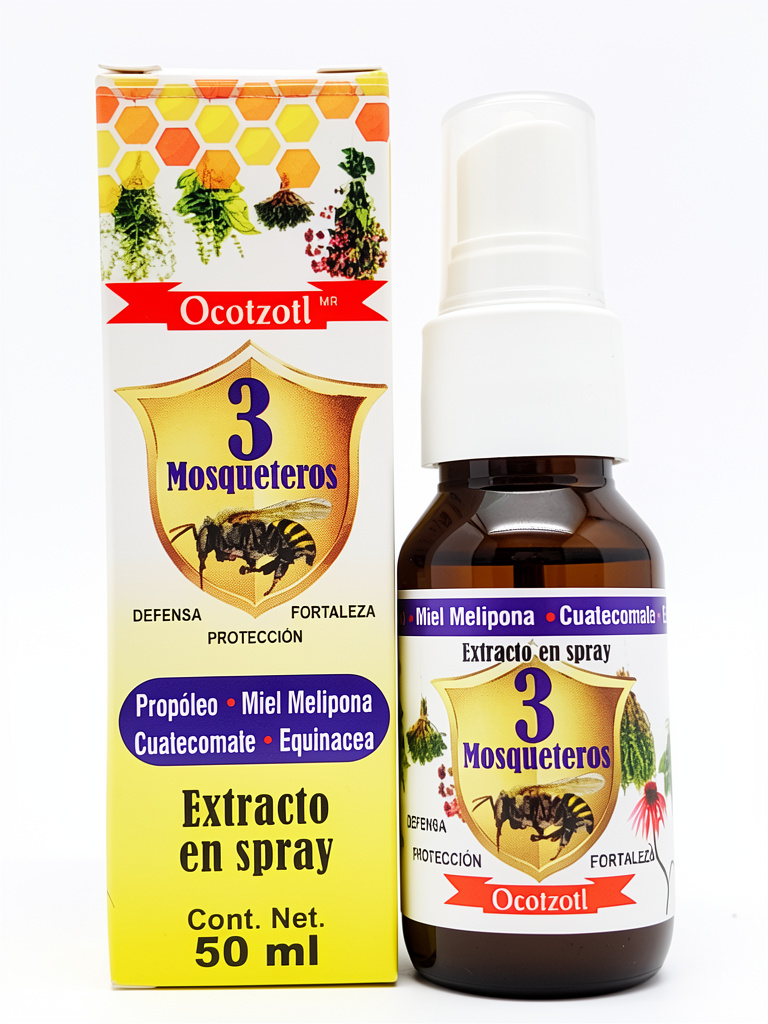 Spray 3 Mosqueteros 50ml. Concentrado de Propoleo, Miel Melipona, Cuatecomate, Equinacea