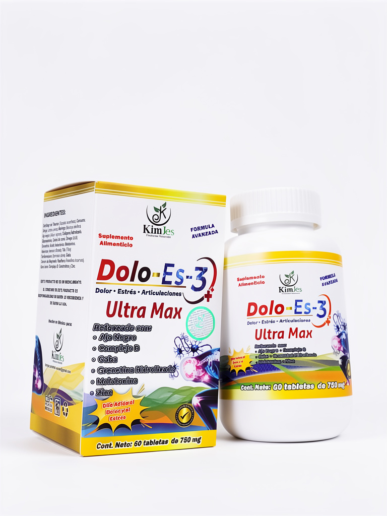 Dolo Es-3 UltraMax 60Tabs. • Doloestres  con Ajo negro, Gaba, Complejo B, Grenetina hidrolizada, Melatonina, Zinc, Cartílago de tiburón, Magnésio, Omega3, Condroitina