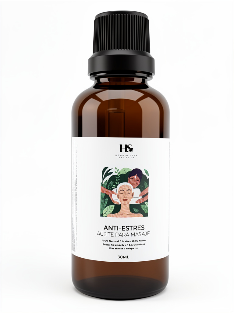 Aceite para masaje Anti-estres 30ml HS Aceite de Coco, Arroz, Almendras, Naranja, Lavanda Francesa, Limón y Geranio