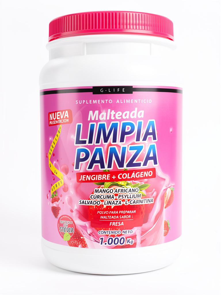 Malteada Limpia Panza Jengibre+Colageno 1kg Sabor fresa | Cúrcuma, Maca amarilla,  psyllium, Avena, amaranto, Jamaica, Canela, inulina de agave, mango Africano.