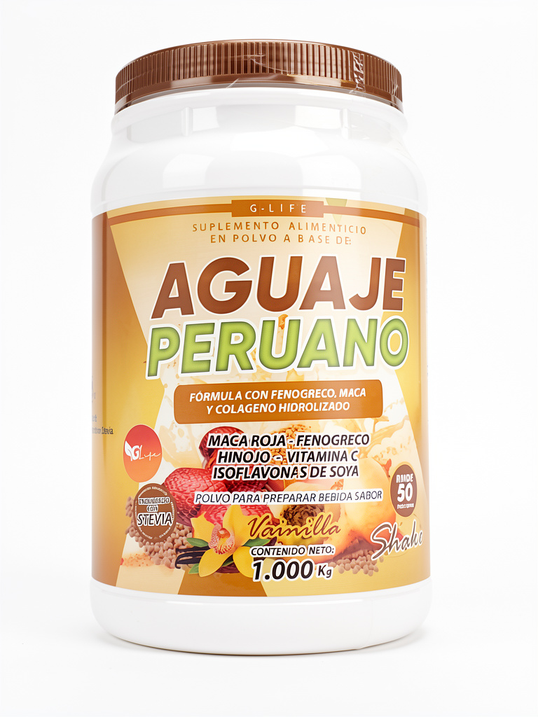 Aguaje Peruano con Maca Roja, Fenogreco, Hinojo, Vitamina C, Isoflavonas de soya 50Porciones 1kg sabor Vainilla