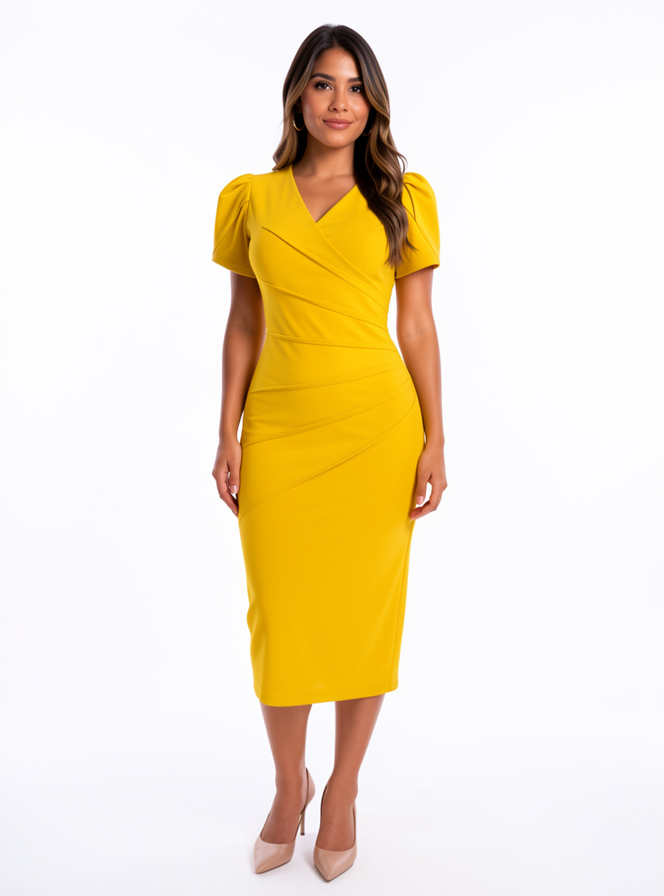 Vestido Drapeado Manga Tulipan Amarillo