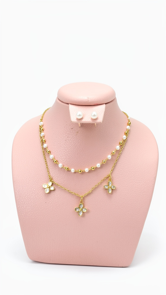 Set de cadena doble flor y perla con topos
