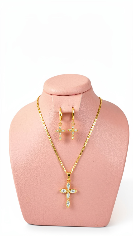 Set de cadena y argollas cruz diamantado