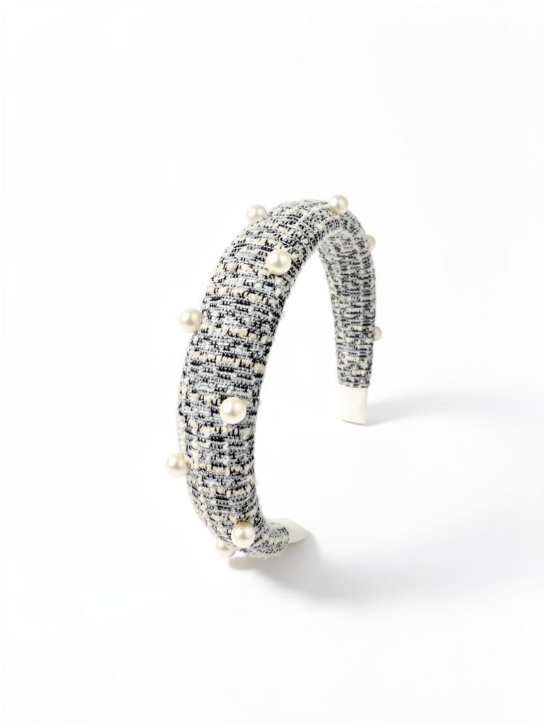 Diadema tweed tonos blanco, gris y negro con perlas