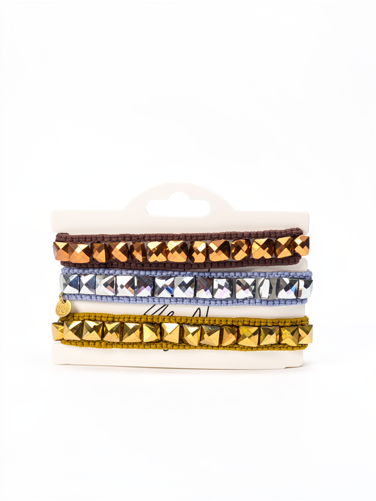 Set de pulseras en cristales dorado, plateado y bronce