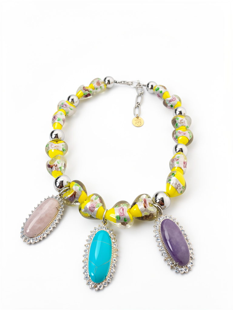 Collar de corazones de murano dijes turquesa, cuarzo rosa y amatista