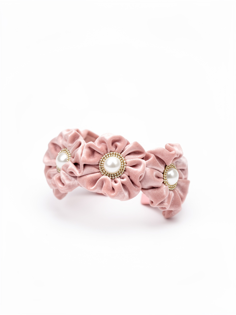 Diadema terciopelo rosa viejo apliques de perla