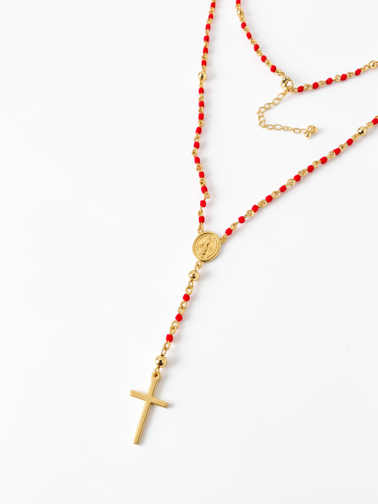 Rosario de cristales rojos dije virgen Milagrosa en baño 18k
