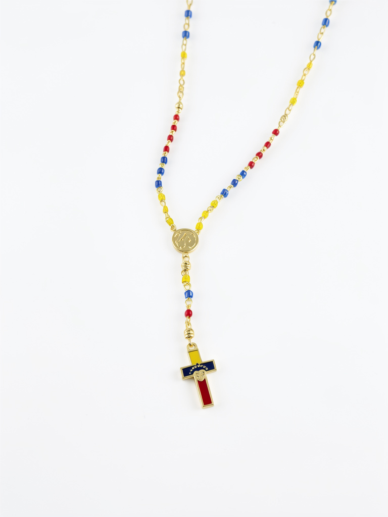 Rosario tricolor de cristales en baño 18k dije virgen Milagrosa
