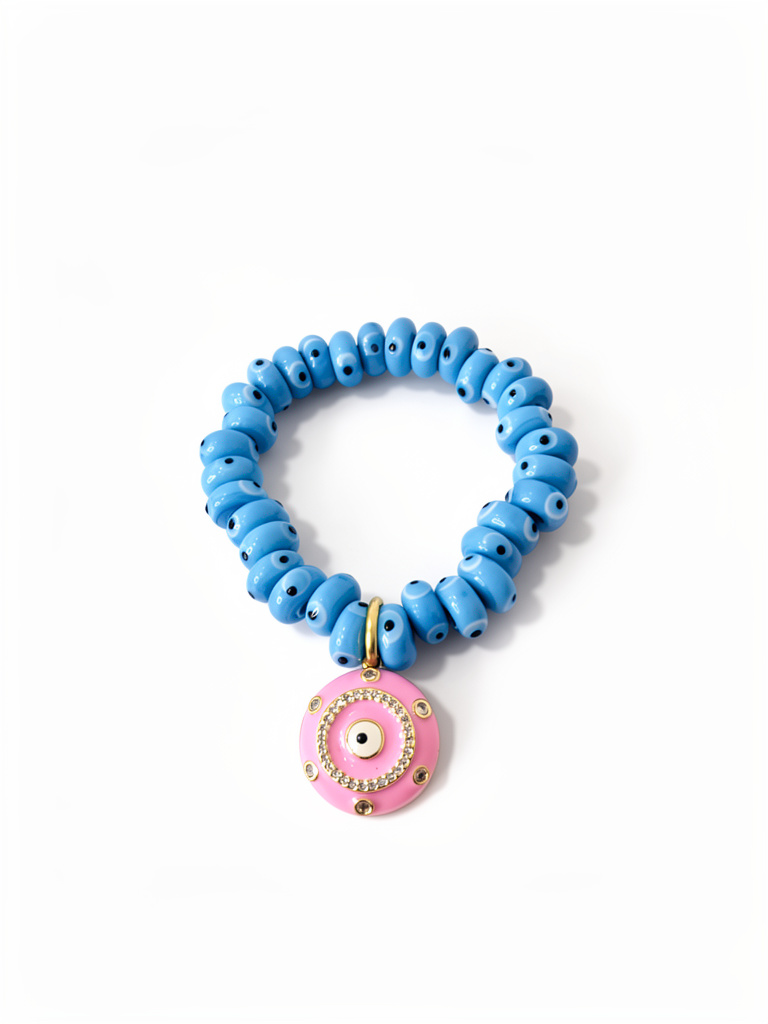 Pulsera elástica de ojo turco de murano azul celeste dije ojo turco rosado