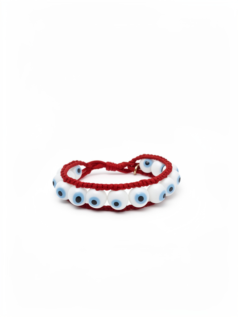 Pulsera tejida en rojo ojos turcos blancos
