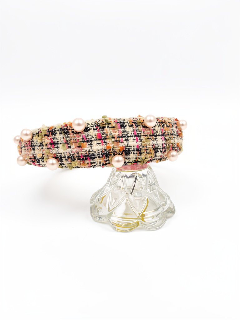 Diadema tweed multicolor con perla rosa