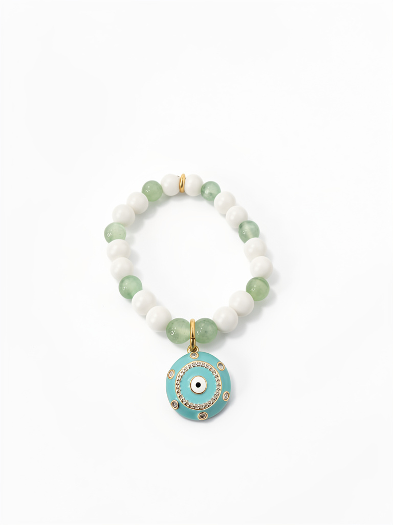 Pulsera elástica de piedra howlita blanca y ojo de gato verde dije ojo turco  verde menta