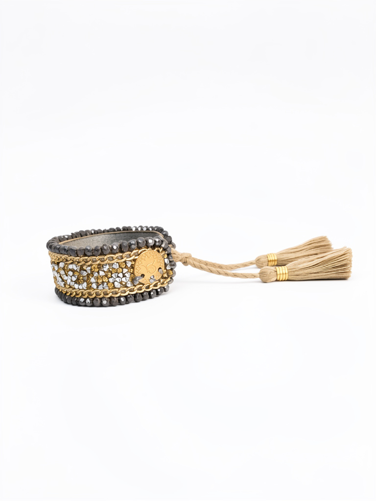 Brazalete ajustable con cristales plateados y dorados bordado en cristal plateado