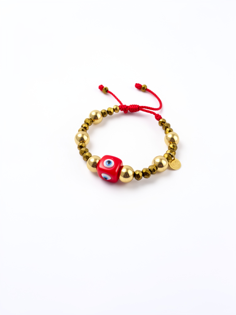 Pulsera ajustable de cristales dorados y ojo turco rojo