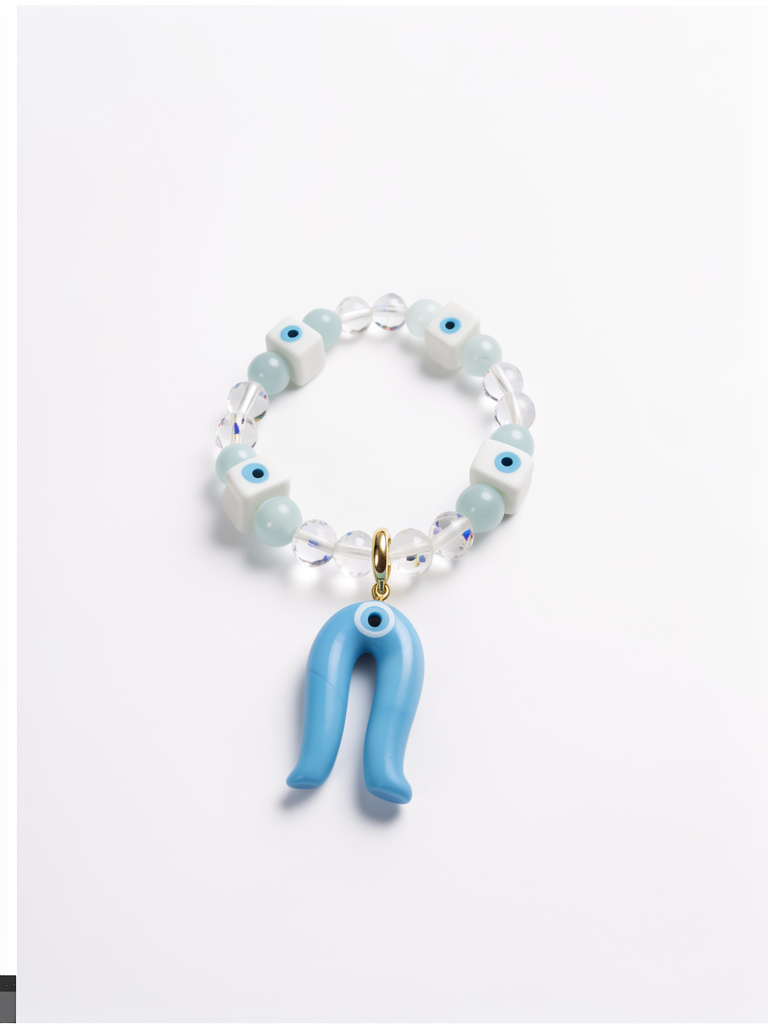 Pulsera elástica de ojo turco celeste y cristales