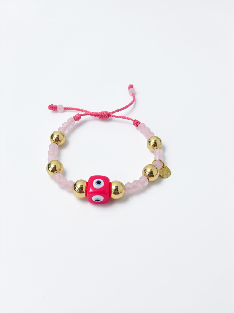 Pulseras ajustable de cristales rosa y ojo turco fucsia