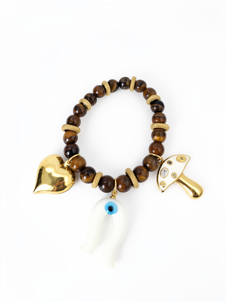 Pulsera elástica de piedra ojo de tigre dijes corazon, ojo turco blanco y hongo en baño 18k