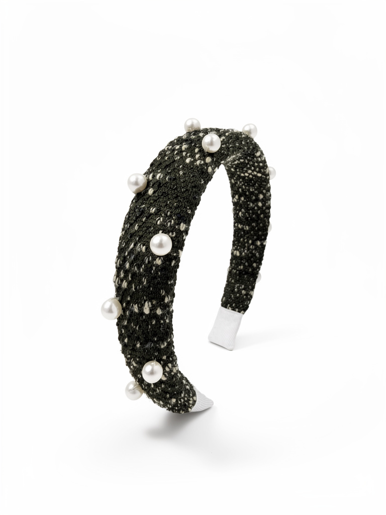 Diadema tweed verde con perlas
