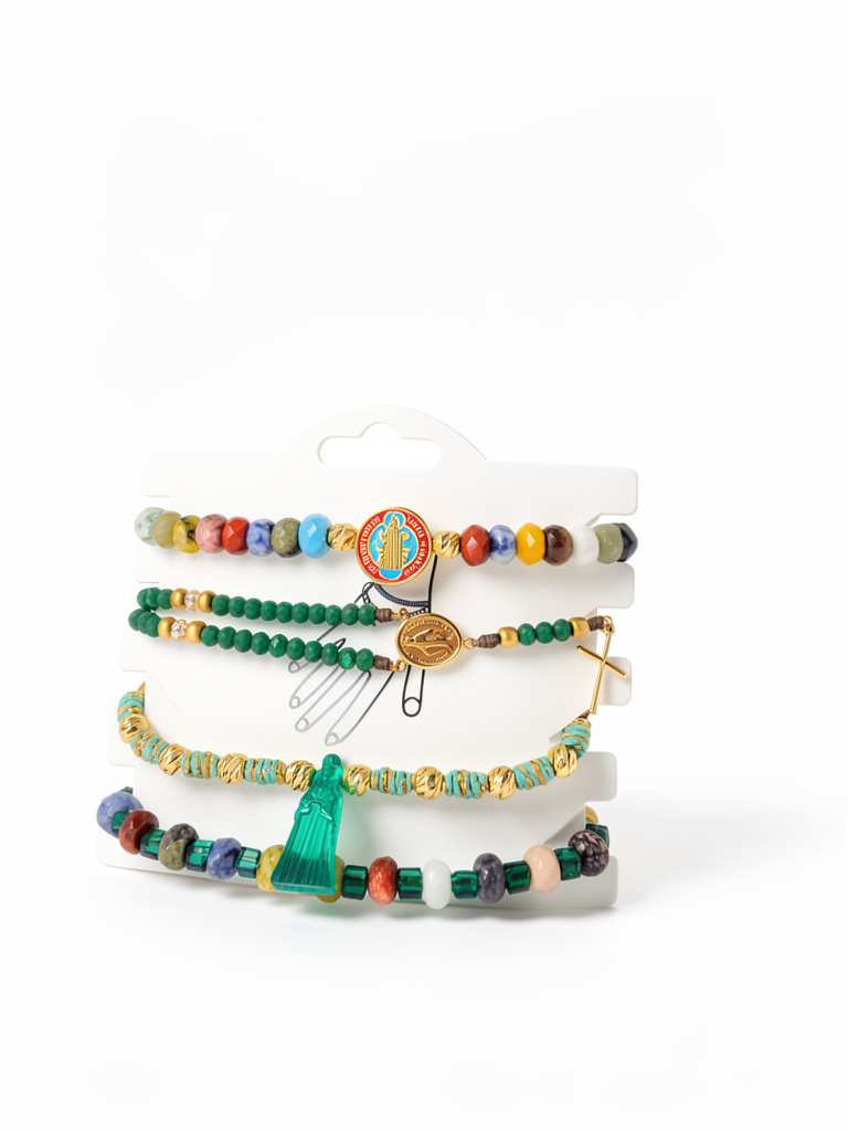 Set de mix de pulseras dijes Vallita, San Benito y Milagrosa en piedras agatas y cristales
