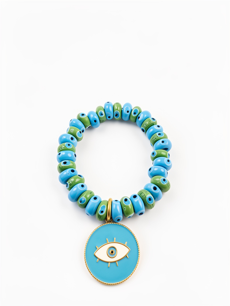 Pulsera elástica de ojo turco de murano azul celeste y verde pastel con dije de ojo turco azul