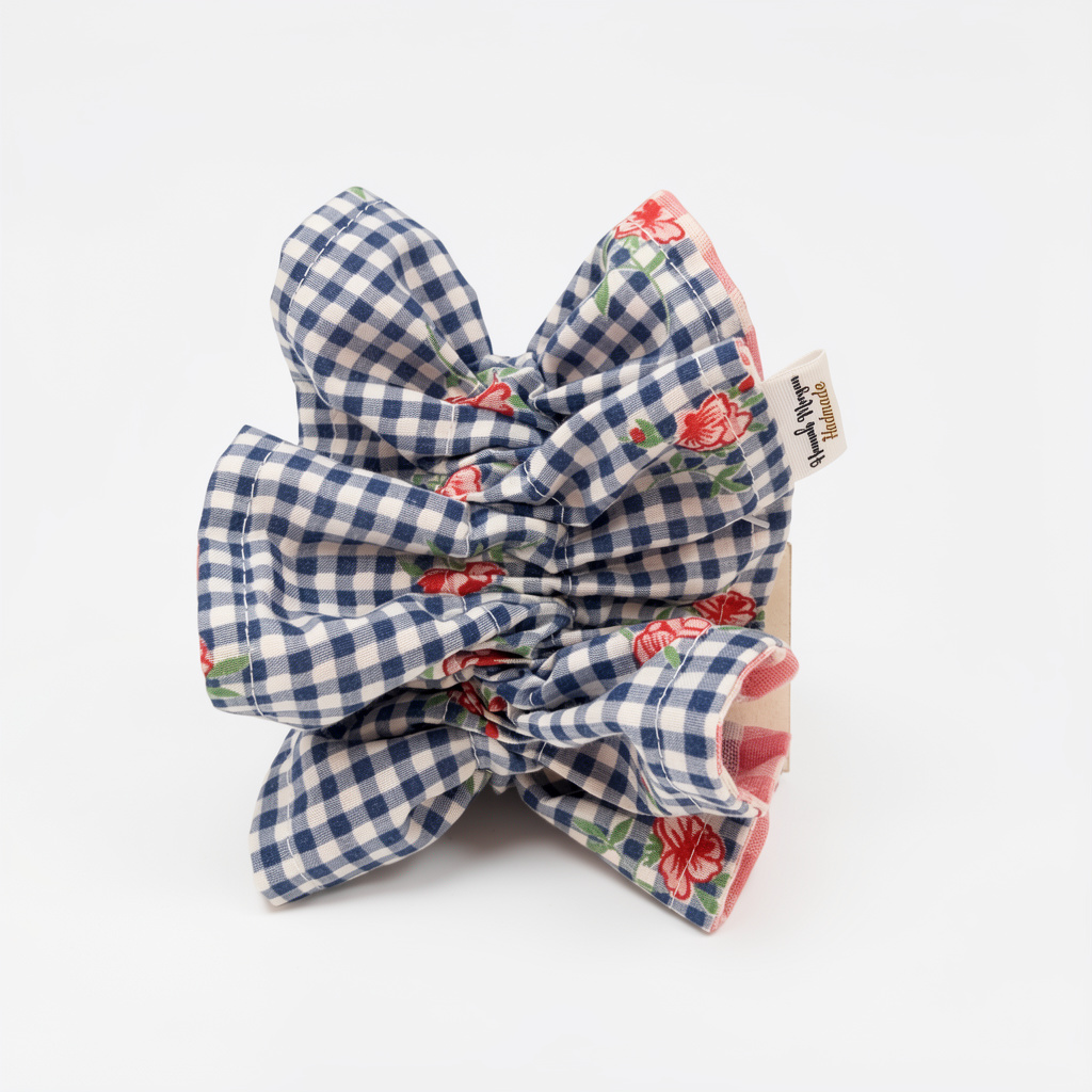 Sky blue Gingham Roses 1 - Double Ruffle Scrunchie