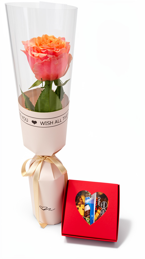 Rosa + Caja corazón con chocolates