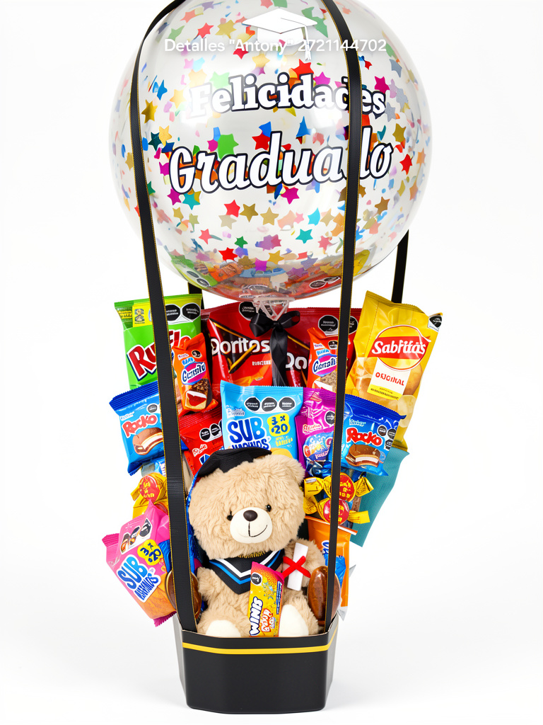 Globo feliz graduacion con dulces y oso
