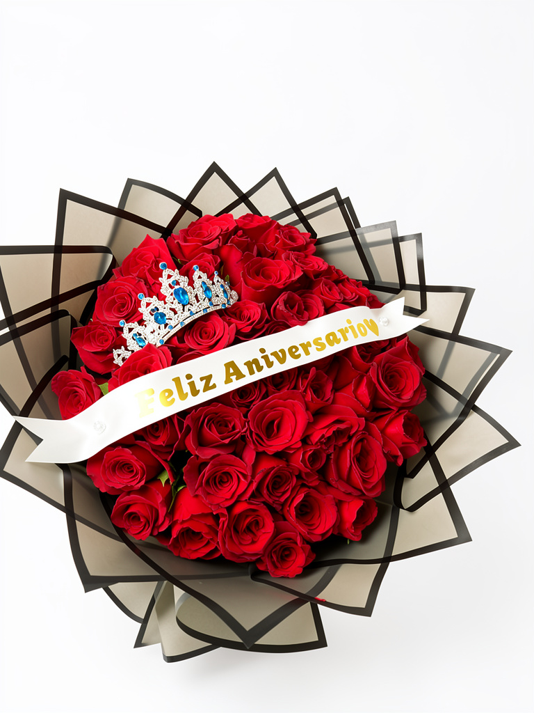 Bouquet de 50 rosas rojas con corona y cinta aniversario