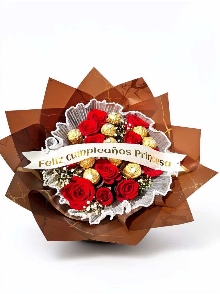 Ramo de rosas rojas y chocolates