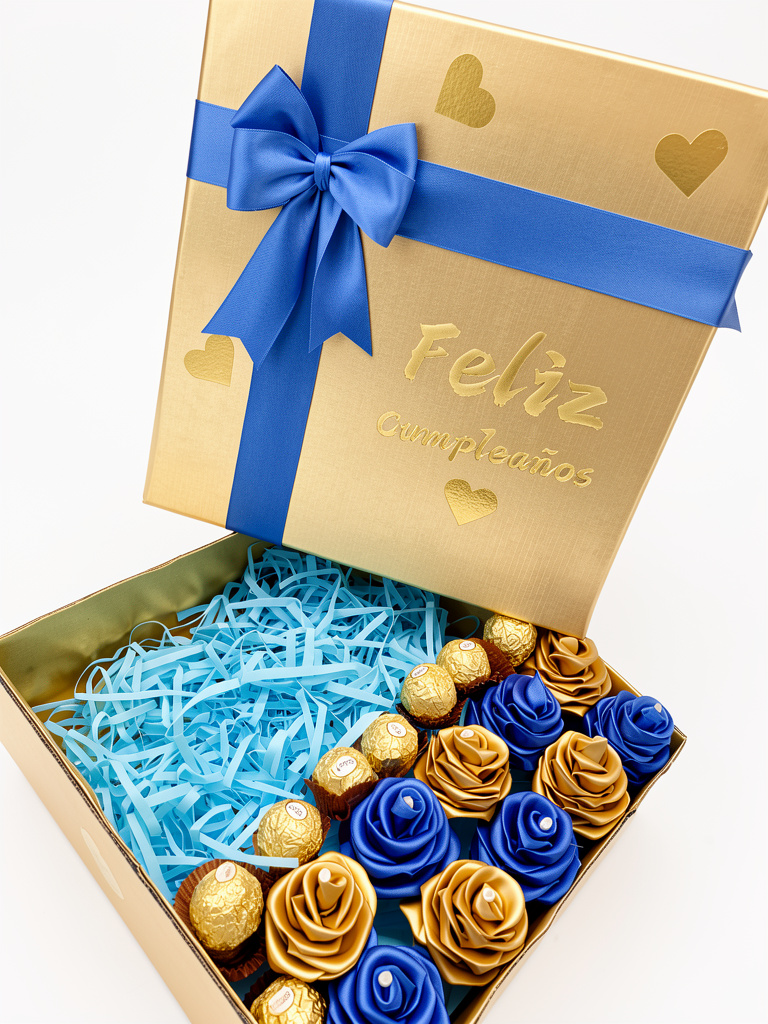 Caja de rosas eternas azul y dorado