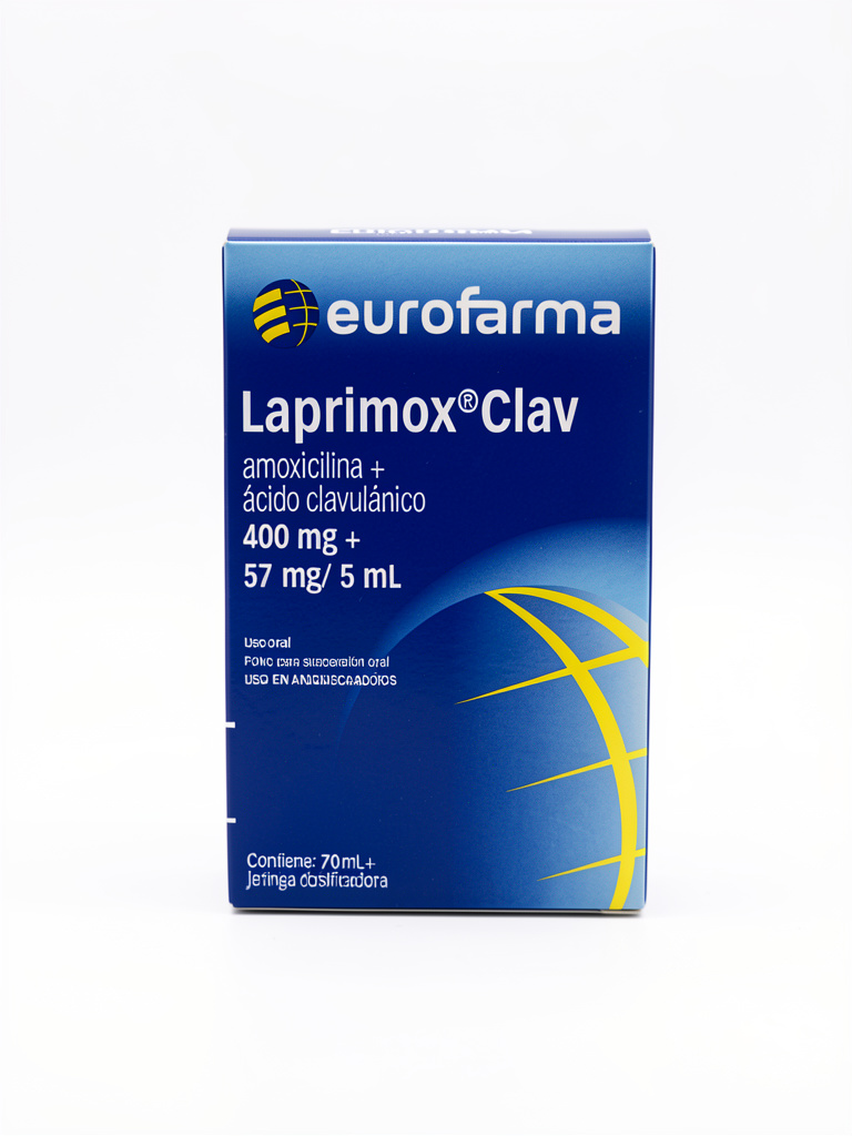 B-2.  LAPRIMOX CLAV (400MG + 57MG/5ML) AMOXICILINA + ACIDO CLAVULANICO (400MG + 57MG/5ML). FRASCO PARA 70ML CON JERINGA DOSIFICADORA. EUROFARMA