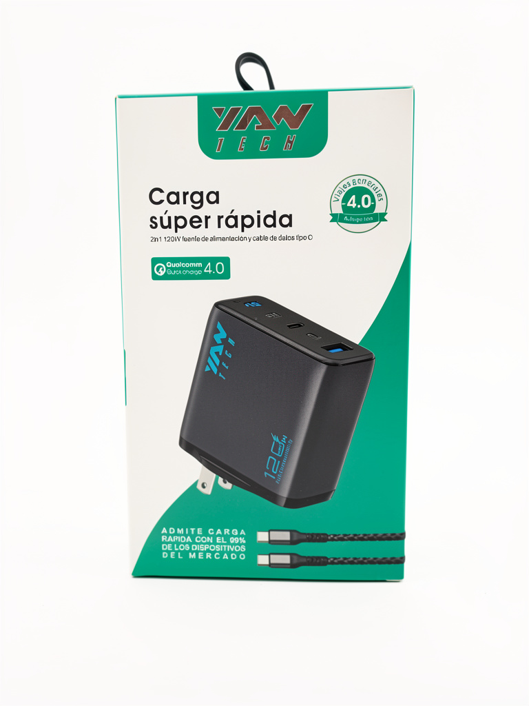 ADAPTADOR DE CARGA SUPER RAPIDA YAN TECH 2 en 1 TIPO C /USB 120W
