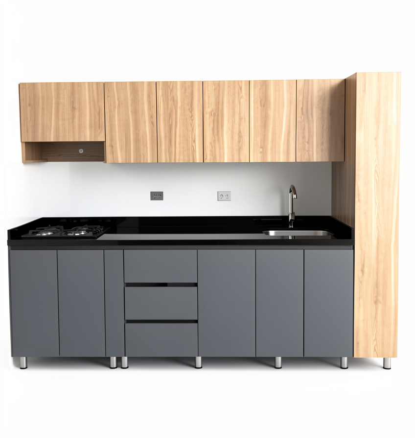 Cocina integral de 2.5 metros con mesón en granito negro absoluto y alacena de 50 cm