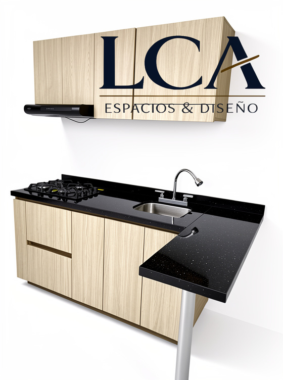 Cocina integral de 2 metros con mesón en Quarzo negro estelar y barra auxiliar sobre tubo de 1.20