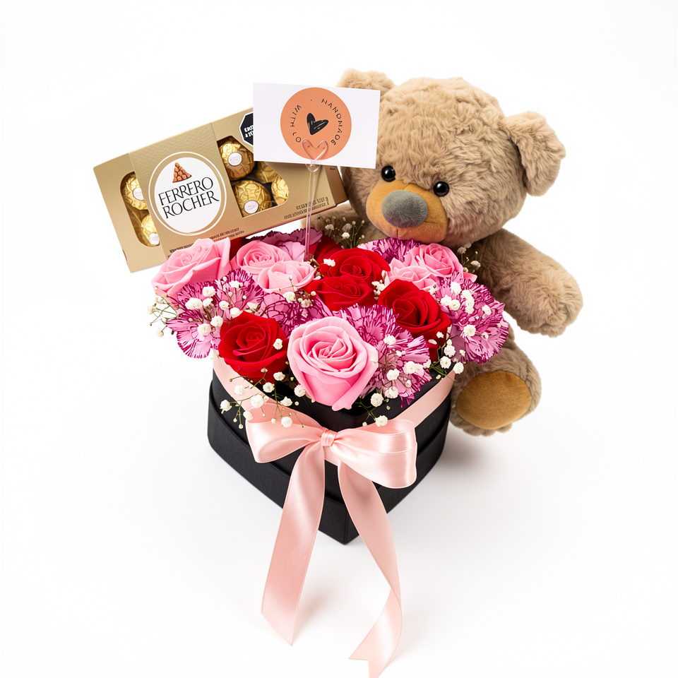 Caja de rosas con peluche