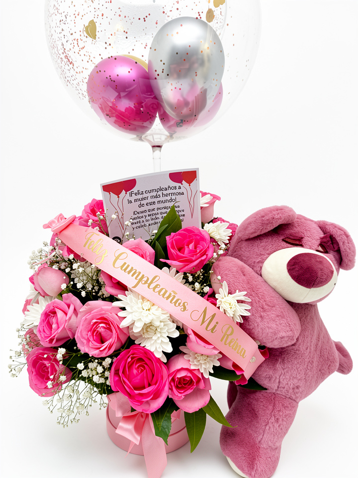 Ramo de rosas con peluche y globo