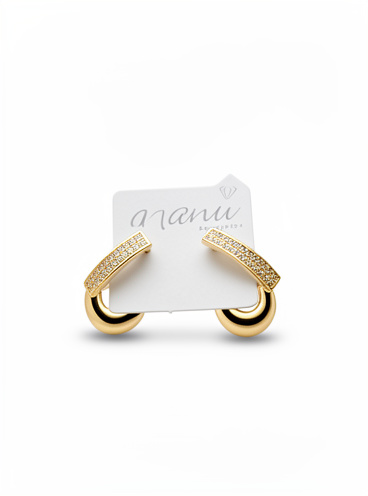 BRINCO FOLHEADO OURO 18K ARGOLA CLICK CRAVEJADO RETANGULAR TIPO BRINCO DE PINO
