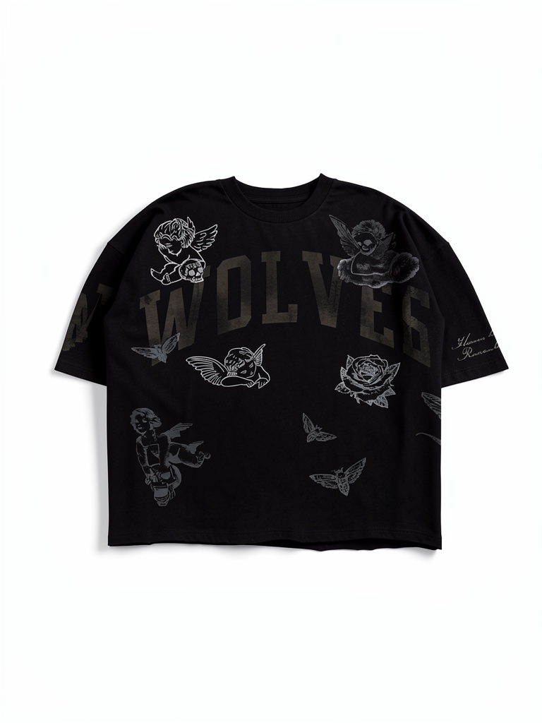 DarcSport Fallen Cherub Grunge Raw Hem  “Box Cut” Tee in Black Drift Wash