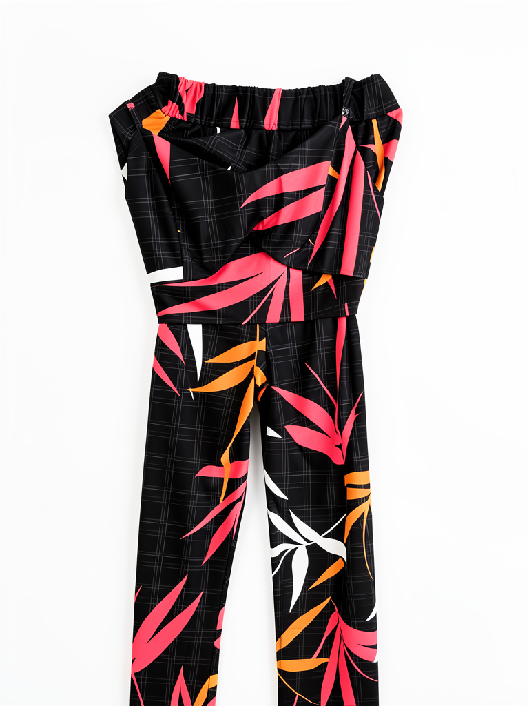 Conjunto top y pantalón negro estampado hojas