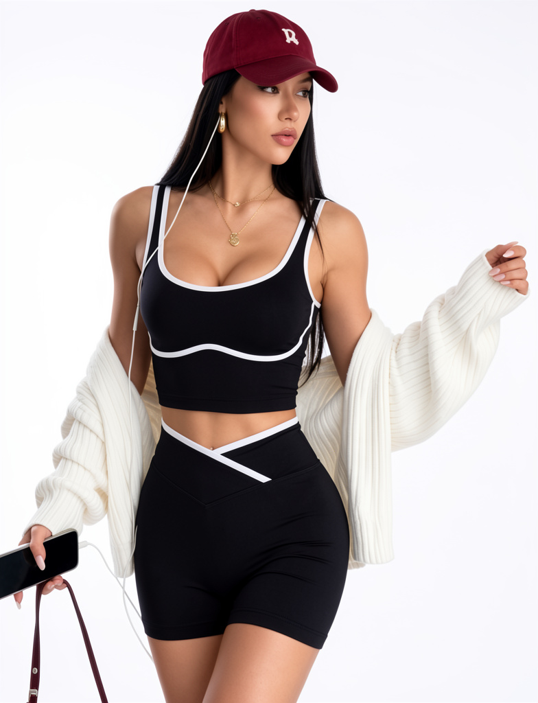 Conjunto deportivo mujer negro con ribete blanco