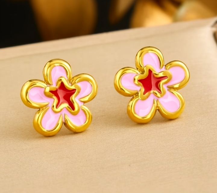 ARETES PEGADOS FLOR ROSA GOLD
