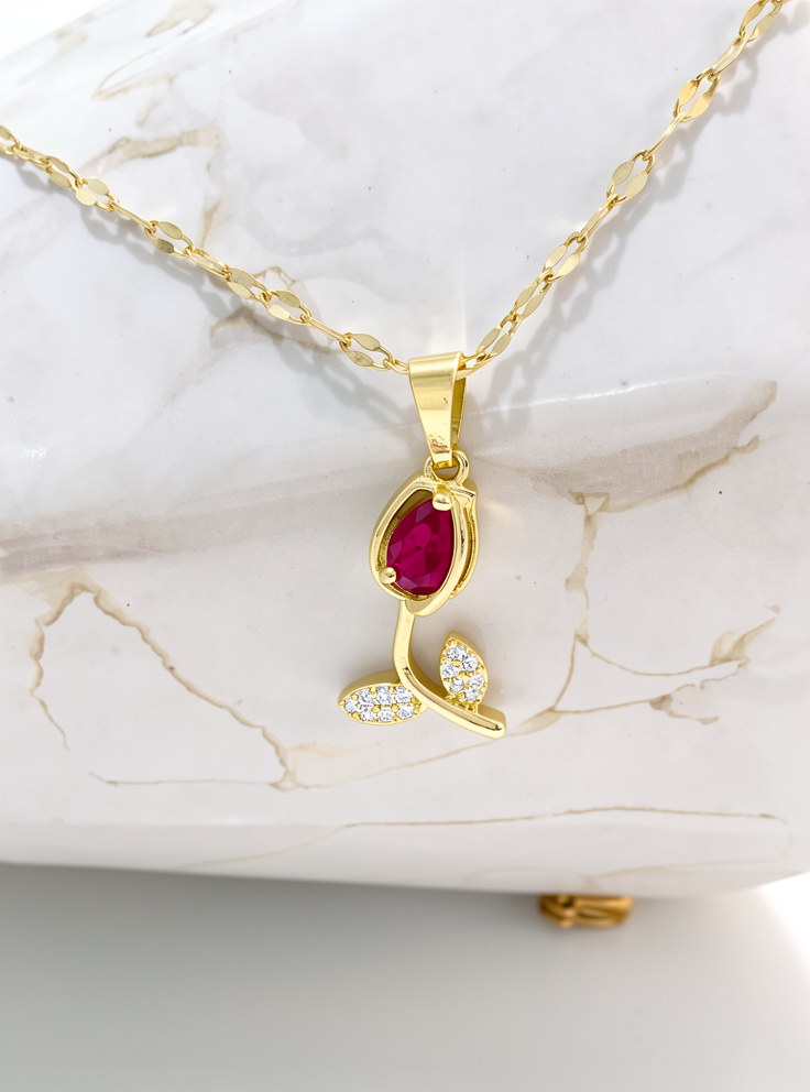 COLLAR TULIPAN ROJO GOLD ACERO INOX.
