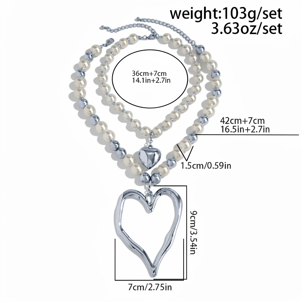CH 31 - COLLAR CON COLGANTE DE CORAZÓN GRANDE VOLCÁNICO, CADENA DE CLAVÍCULA CON PERLAS DE IMITACIÓN Y CUENTAS CCB