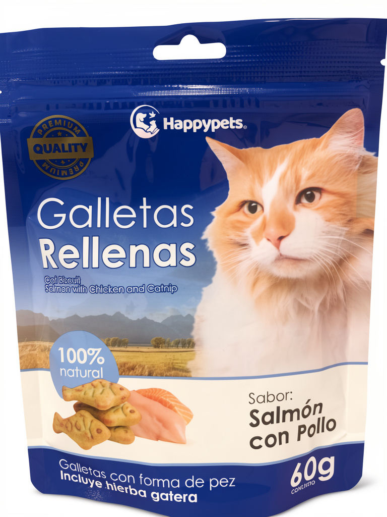 Happypets galletas rellenas salmon con pollo 60g forma pescado