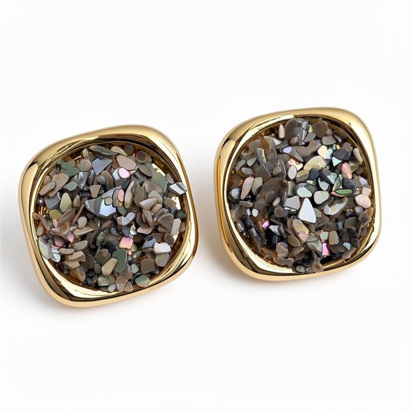 Aretes cuadrados piedras brillantes tono gris grandes - 1548