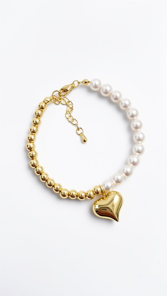 Pulsera perlas y balines dije corazón - 1338